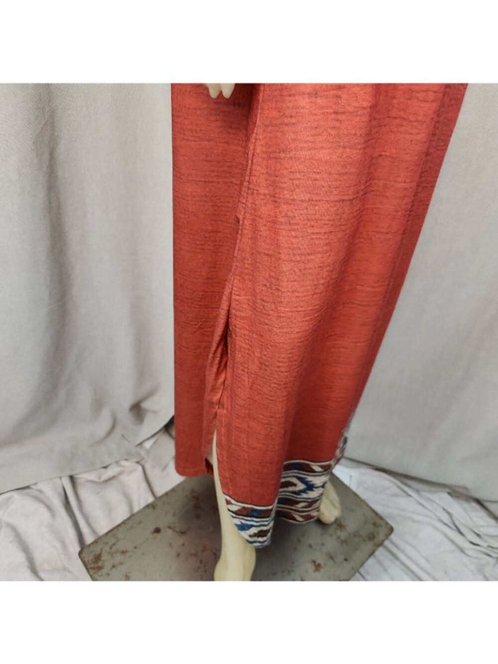 Southwestern Style Blue Orange Pattern Short Slv Scoop Nck Long Dress Maxi LARGE - Picture 8 of 9